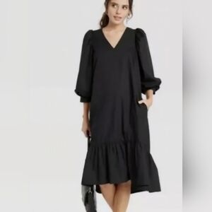 a new day Black V-Neck Puff Sleeve Midi Dress with Flounced Hem